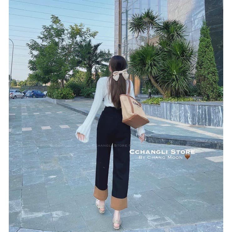 Quần bò ống rộng gập gấu nâu