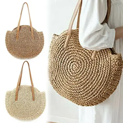 CBT Totes Rattan Summer Beach Straw Bag Pure Handmade Weaving Straw Braided Woven Shoulder Bag