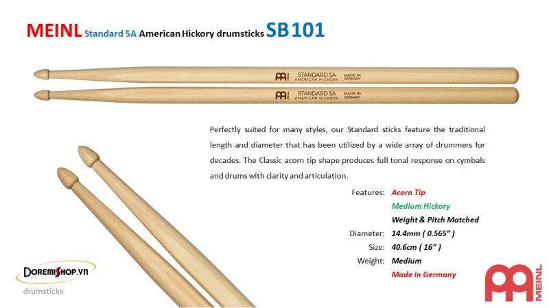 Dùi trống MEINL Standard 5A American Hickory drumsticks SB101