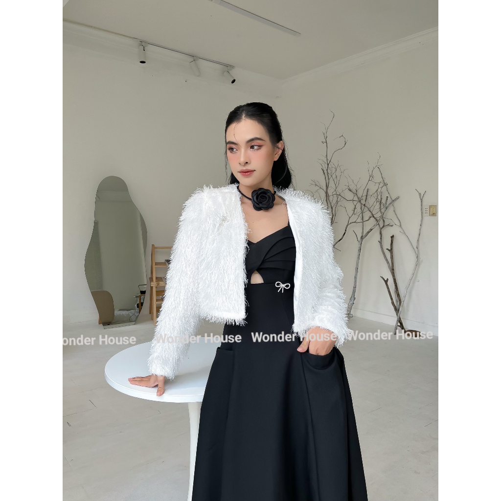 Set Wonderhouse áo lông, đầm trễ vai xòe hai tầng tiểu thư - Dress