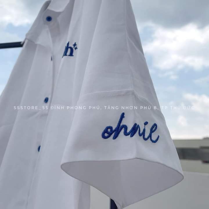 Áo sơ mi ohnine form rộng tay lỡ, logo tay