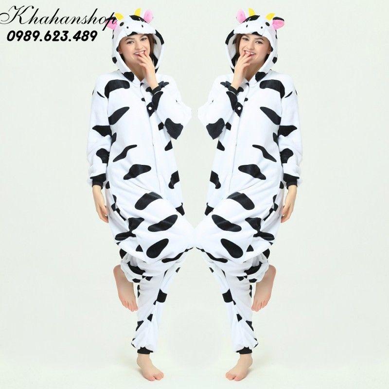 Bộ đồ ngủ hình thú bò sữa liền thân lông mịn Pijama Động Vật Hoạt Hình cho trẻ em người lớn Cosplay nhimshop 1907