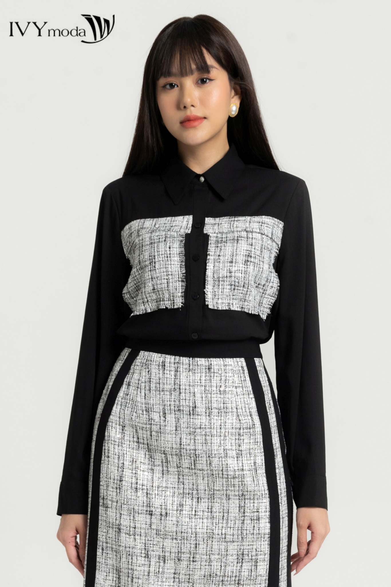 Áo sơ mi phối vải tweed IVY moda MS 17M7965