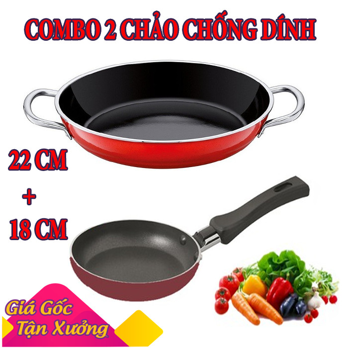 Chảo 2 quai 22cm và chảo 1 quai 18cm chống dính cao cấp, hợp kim nhôm, dẫn nhiệt tốt, an toàn và tiện lợi