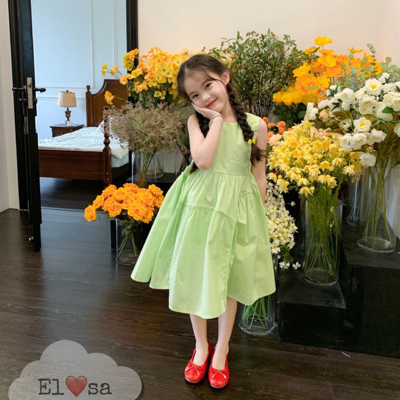 váy bé gái--  VÁY THÔ CỐM -HỒNG DÁNG DÀI BASIC 8-30KG annakids