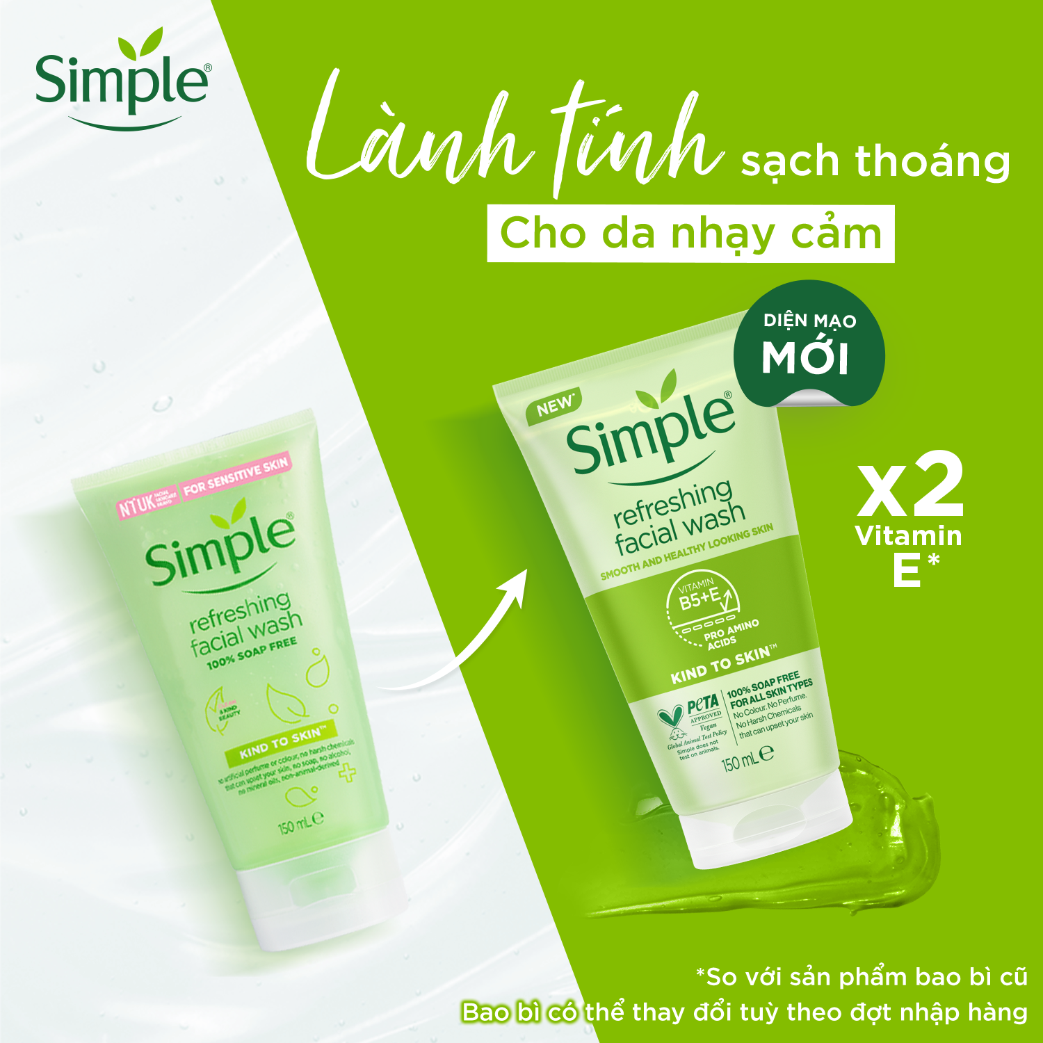 Combo 2 Sữa rửa mặt Simple lành tính sạch thoáng - cho da nhạy cảm 150ml/chai