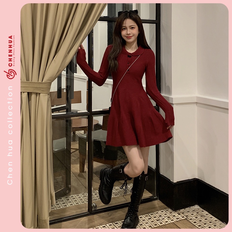 Váy len đỏ nữ ChenHua đầm len noel QC đẹp VT23