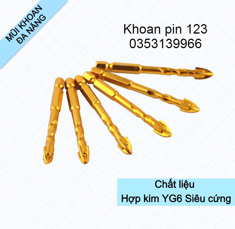 Mũi khoan đa năng chuôi lục giác đầu chữ Thập size 6-8-10-12mm màu vàng (có xoắn hoặc không xoắn)