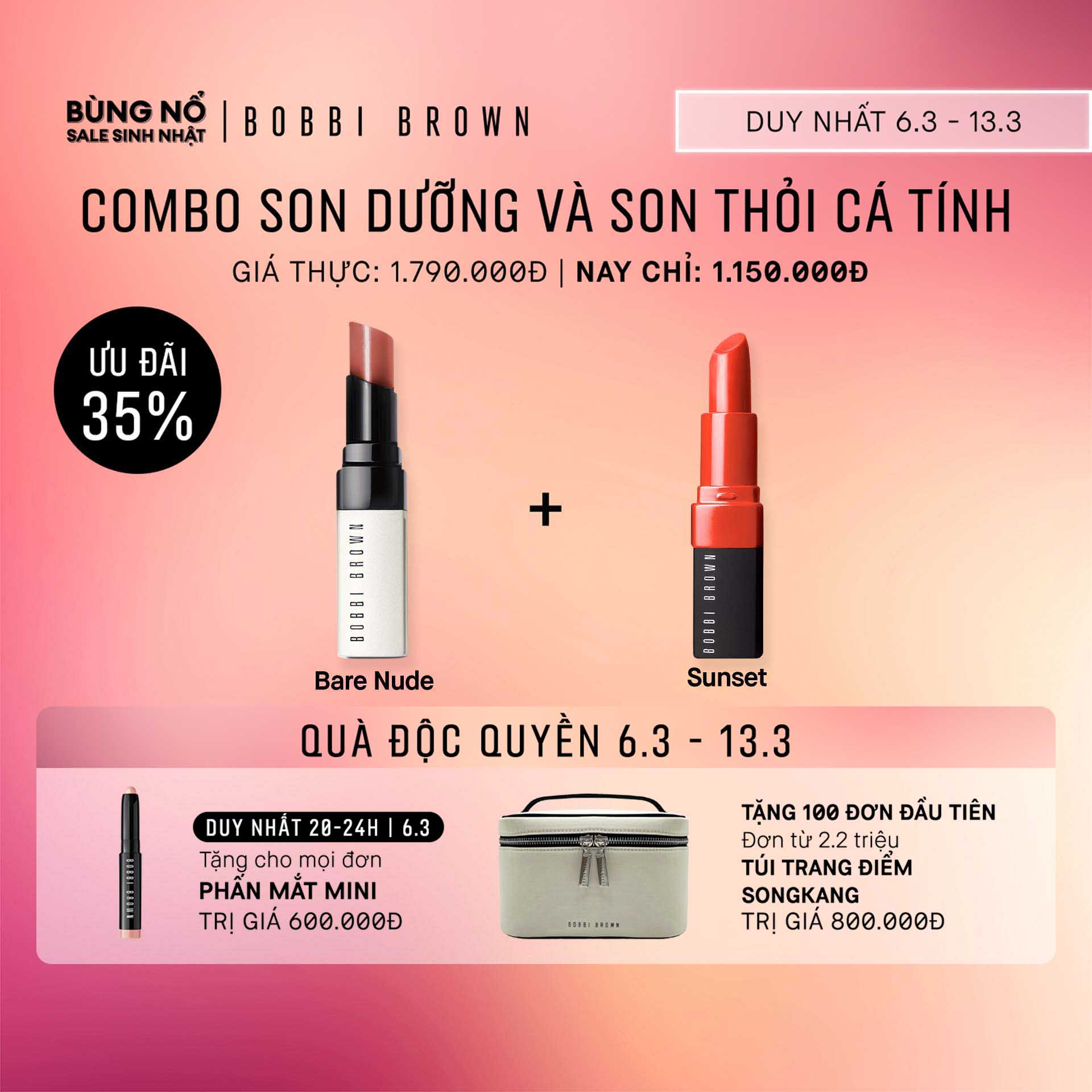 [ĐỘC QUYỀN 11.11] Bobbi Brown - Bộ 2 món: Son dưỡng có màu Bobbi Brown Extra Lip Tint 2.3g, Son môi Bobbi Brown Crushed Lip Color 3.4g (Giá thực 1.790.000 VNĐ)