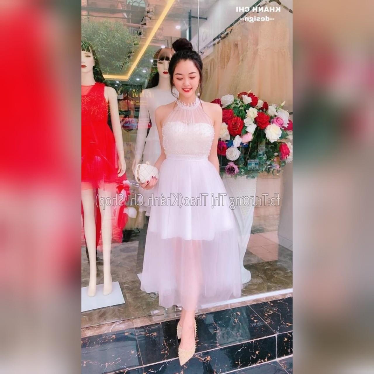 [HCM]Đầm Maxi Cổ Yếm Đính Ngọc Trai