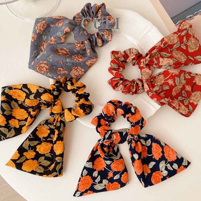 Cột tóc, dây buộc tóc vải nơ hoa phong cách vintage