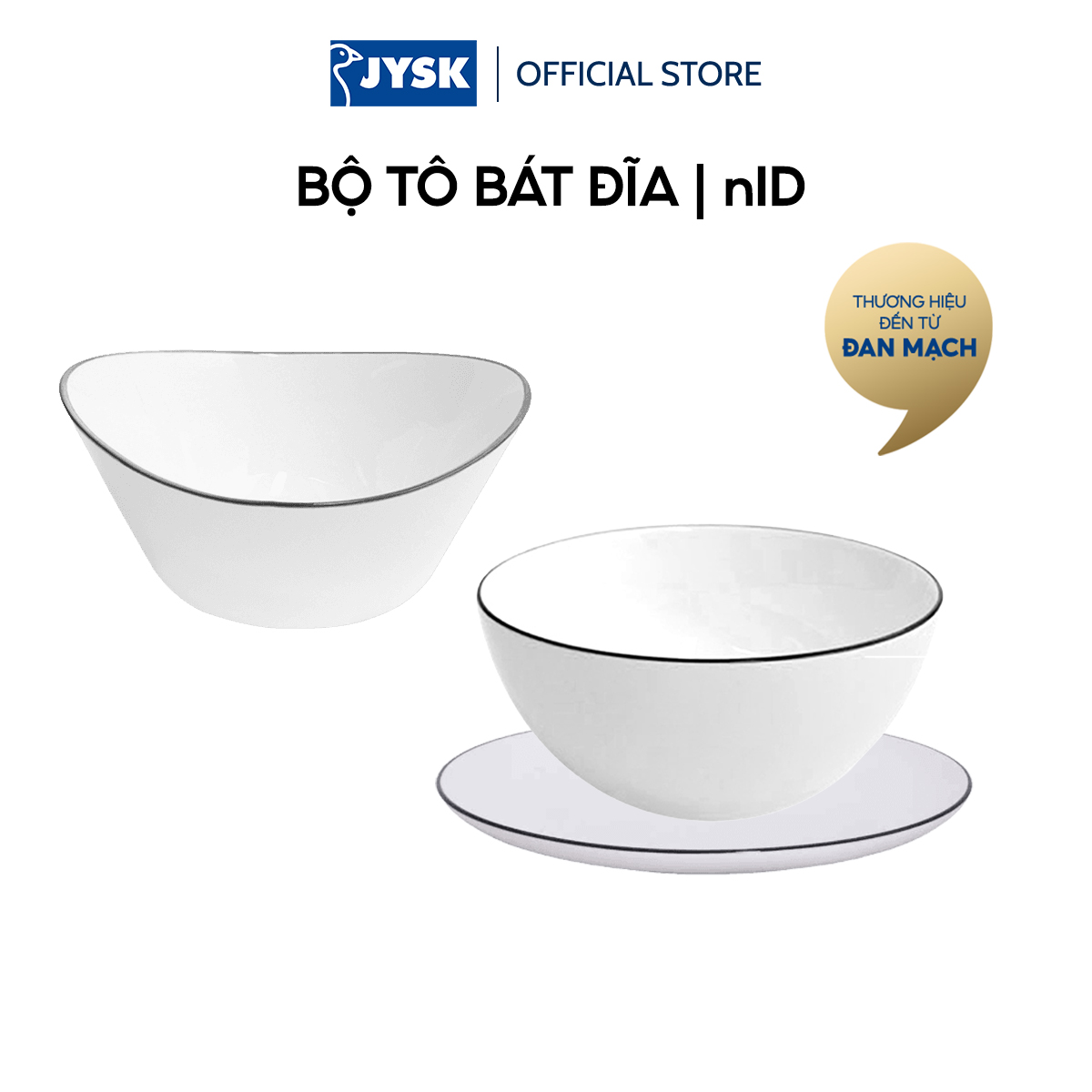 Tô bát đĩa | JYSK nID | sứ trắng bóng viền đen | nhiều kích thước