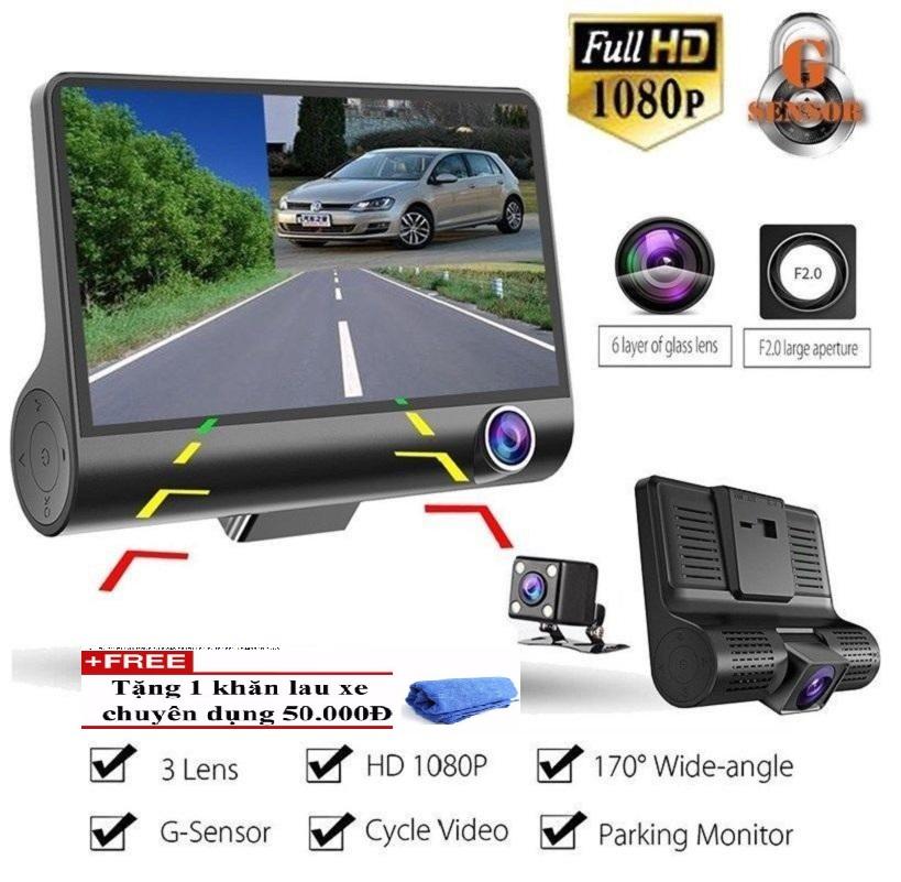 [HỖ TRỢ LẮP ĐẶT] SALE SỐC Camera hành trình 3 mắt camera, màn hình 4 inch full HD 1080, camera sau chống nước,hỗ trợ thẻ 32g, ghi hình đa chiều, cảm biến phát hiện chuyển động đầu xe khi dừng –TẶNG KHĂN LAU XE CAO CẤP