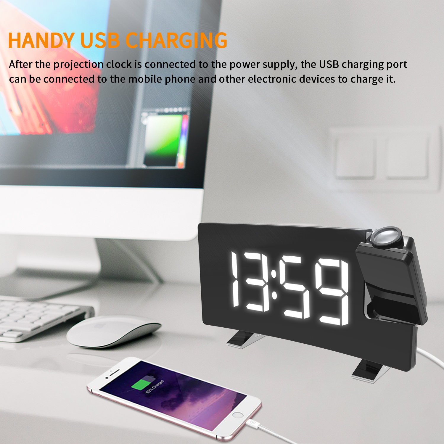 2022 NEW Curved screen LED Digital Projection Alarm Clock Table Electronic Alarm Clock with Projection Time Projector Bedroom Bedside Clock Đồng Hồ Báo Th