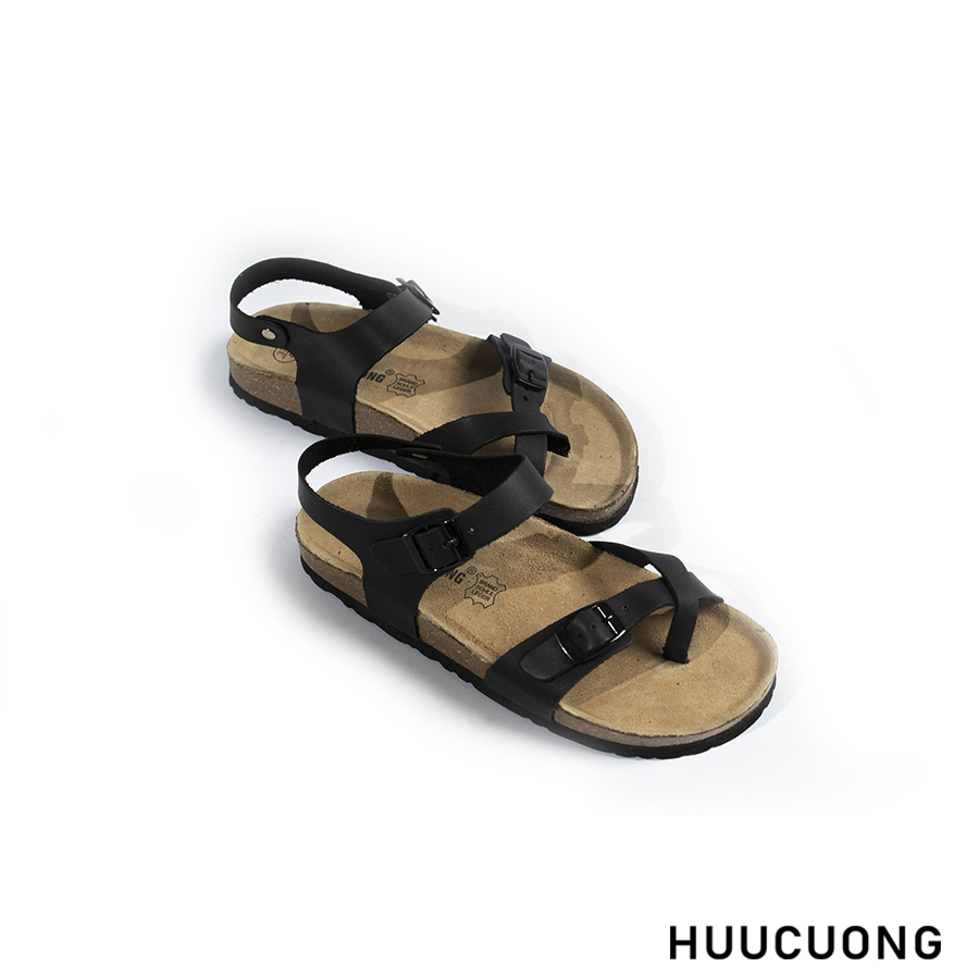 Giày Sandal Unisex xỏ ngón da bò đen đế trấu