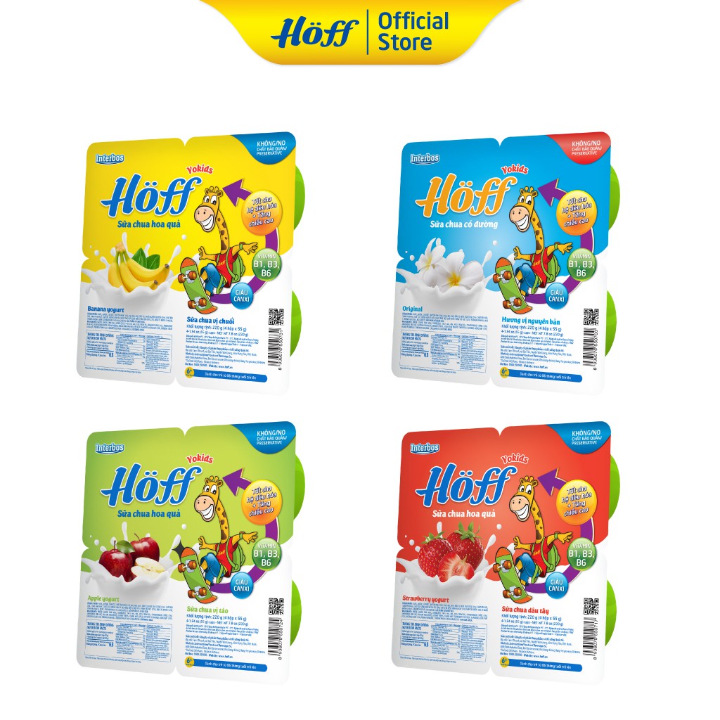 (Combo of 6 Packs) Hoff Children's Yogurt with 6 Flavors for Babies from 6 Months Old to Support Digestion and Supplement Beneficial Bacteria (24 Boxes X 55g)