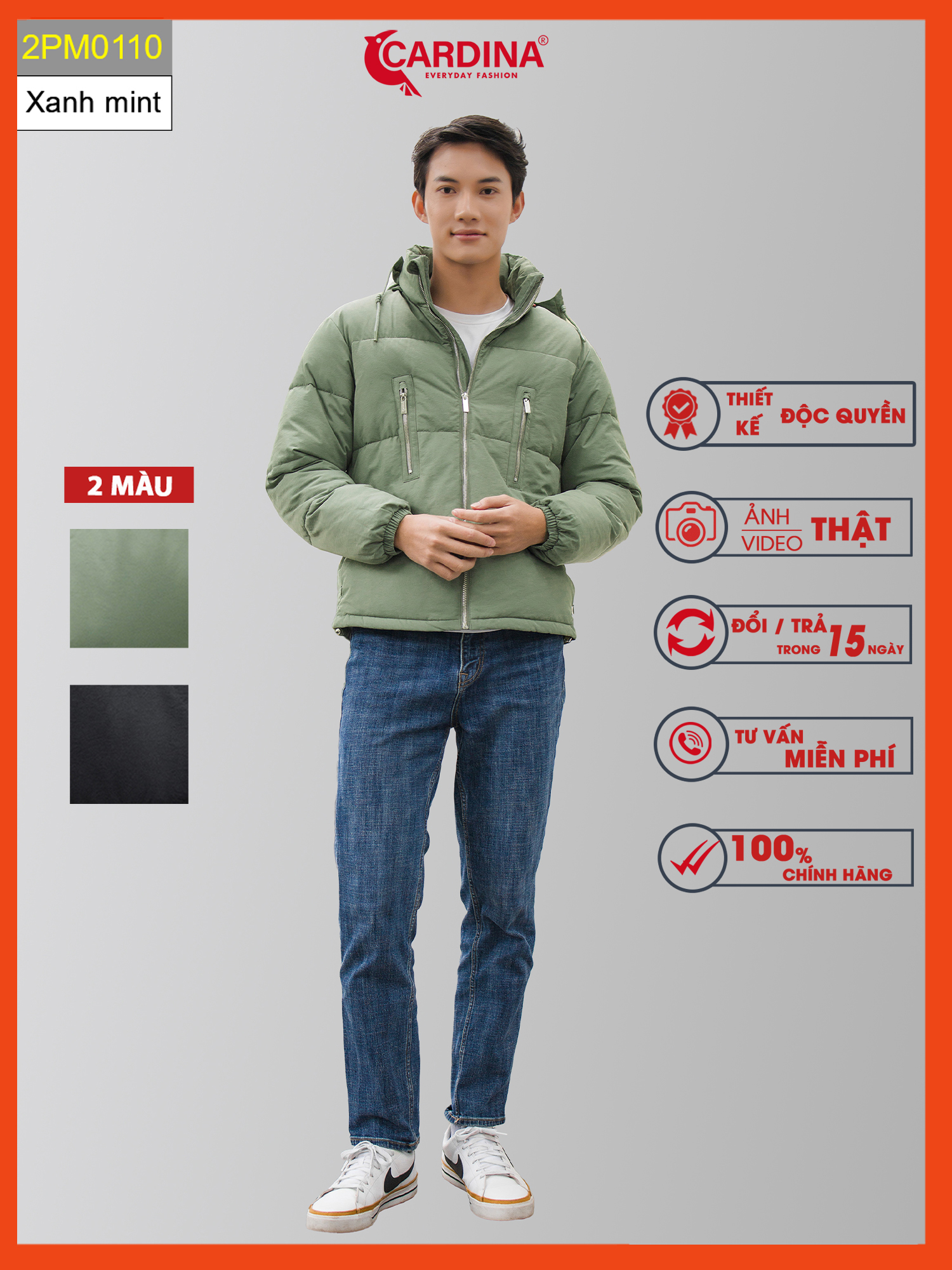 Áo Khoác Nam CARDINA Phao Béo Dáng Ngắn Chần Bông Nhật Cao Cấp Siêu Nhẹ