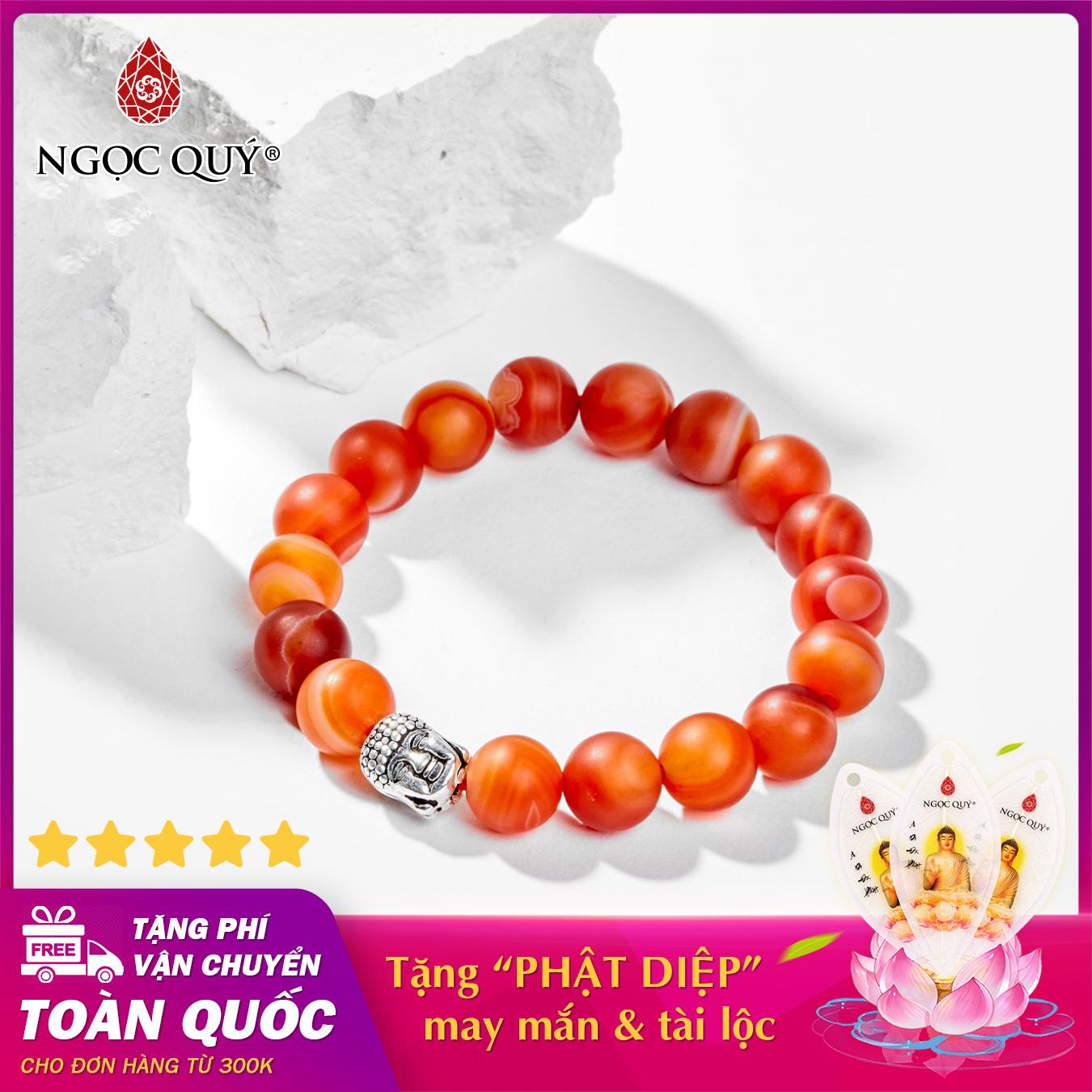 [HCM]Vòng tay phong thủy nam đá mã não đỏ nhám phối charm phật bạc 10mm mệnh hỏa  thổ - Ngọc Quý Gemstones