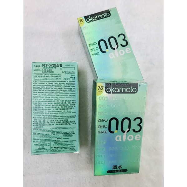 Bao cao su Okamoto 0.03 Aloe tinh chất lô hội - hộp 10 cái, sản phẩm cam kết hàng đúng mô tả, chất lượng đảm bảo an toàn đến sức khỏe người sử dụng nhập khẩu