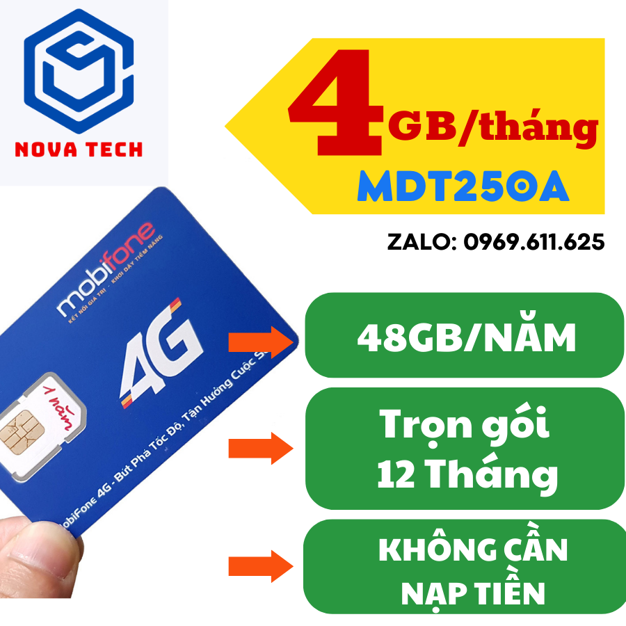 Sim 4G Mobifone MDT250A, 12MAX90, 12MDT50 - 4GB/tháng, 6GB/Ngày, 5GB/Ngày - Trọn Gói 1 tháng Không Cần Nạp Tiền - GIÁ CỰC RẺ