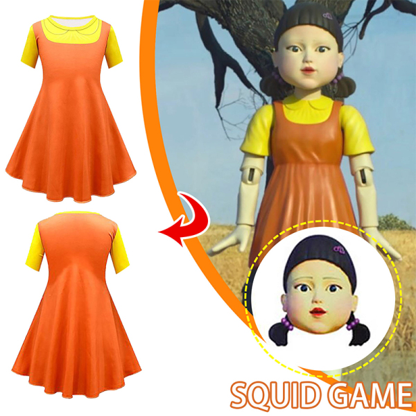 Squid Game Robot Doll Star Cosplay Dresses Màu vàng đáng sợ Cô gái nhỏ Trẻ em tay ngắn Trang phục Halloween được bán
