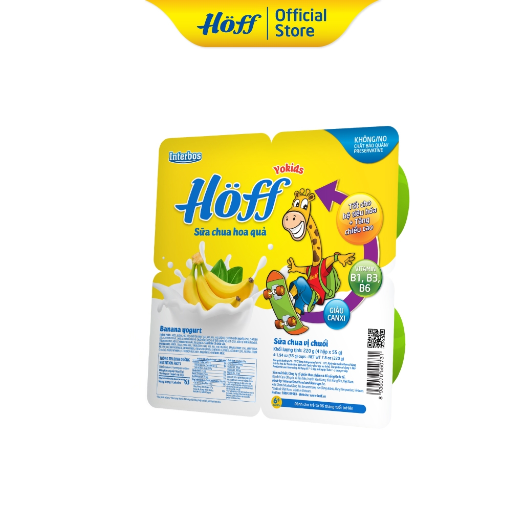 (Combo of 6 Packs) Hoff Children's Yogurt with 6 Flavors for Babies from 6 Months Old to Support Digestion and Supplement Beneficial Bacteria (24 Boxes X 55g)