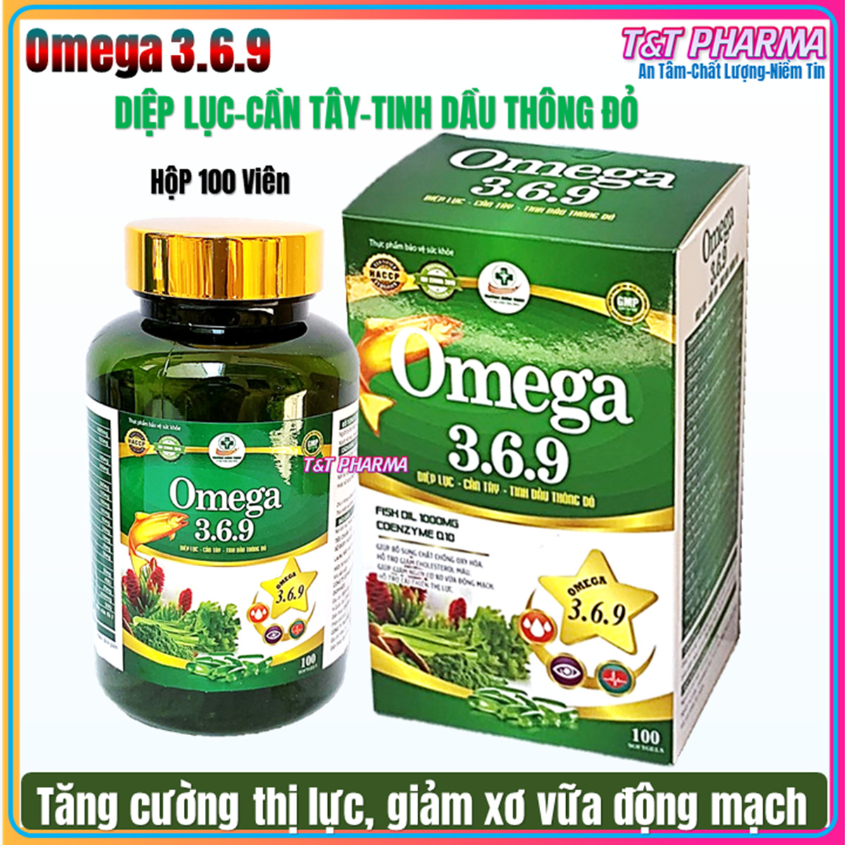 Viên Uống  O.me.ga 3-6-9 Diệp Lục - Cần Tây- Tinh Dầu Thông Đỏ- Giảm Cholesterol MáuBổ Não Sáng Mắt Khỏe TIm Mạch-Hộp 100 Viên