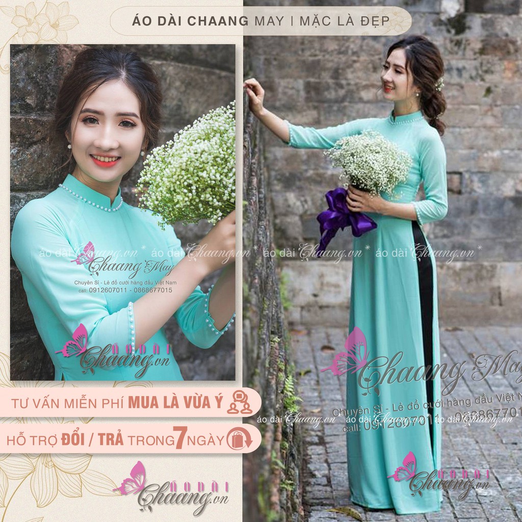 Áo dài màu xanh ngọc - Áo dài dáng truyền thống đính hạt kèm quần
