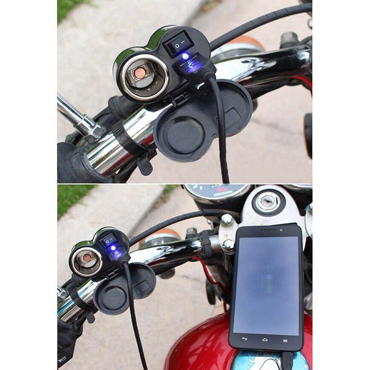 [HCM]Sạc Điện Thoại Gắn Xe Máy 2in1