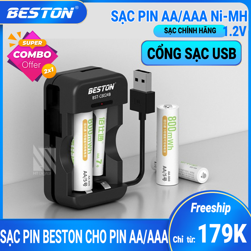 Bộ Pin Sạc BESTON C8024B 2 Khe Cho Pin Ni-MH AA AAA 1.2V có thể sạc hỗn hợp