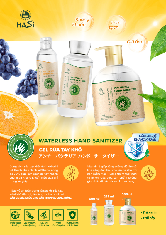 Gel rửa tay khô kháng khuẩn Hasi Kokeshi trái cây, trà xanh, lavender 100ml