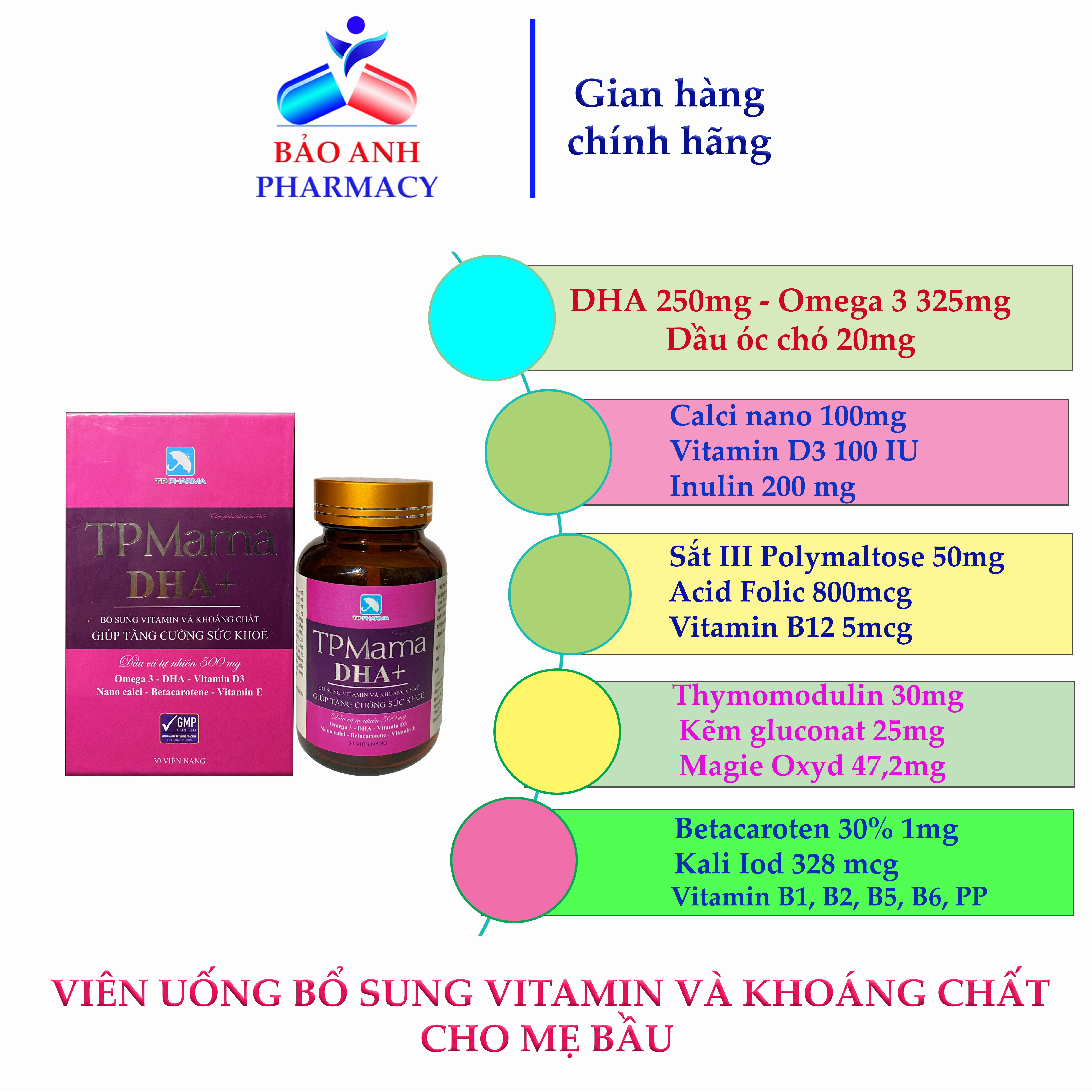 Viên uống bổ tổng hợp cho bà bầu TP MAMA DHA – Bổ sung DHA, các Vitamin, Khoáng chất, dưỡng chất đầy đủ cho thai kỳ - Bổ sung Sắt, Bổ sung Canxi – Hộp 30 viên