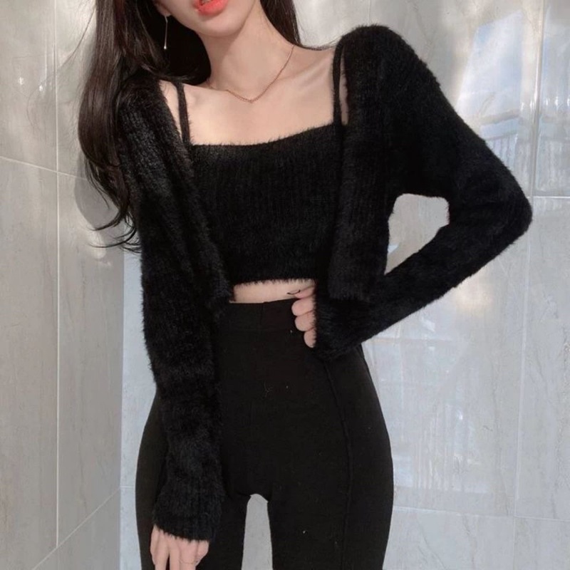 Freeship set áo hai dây len lông crotop sexy