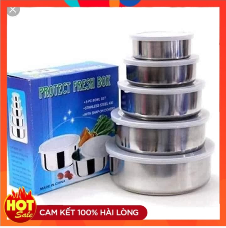 Bộ thố lạnh inox 5 món, bộ đựng đồ ăn trong tủ lạnh, bộ inox 5 món đựng thức ăn, bộ thố lạnh 5 món đủ cỡ, bộ 5 món inox có nắp đậy