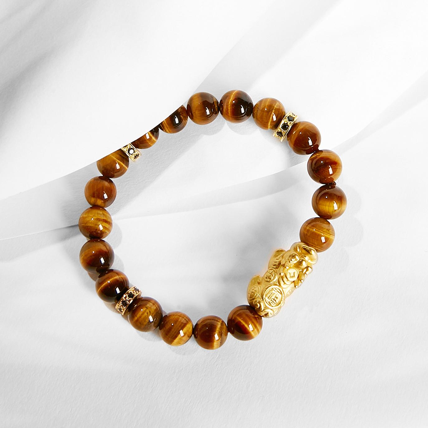 Vòng tay đá mắt hổ vàng nâu charm tỳ hưu mạ vàng mệnh thổkim - Ngọc Quý Gemstones