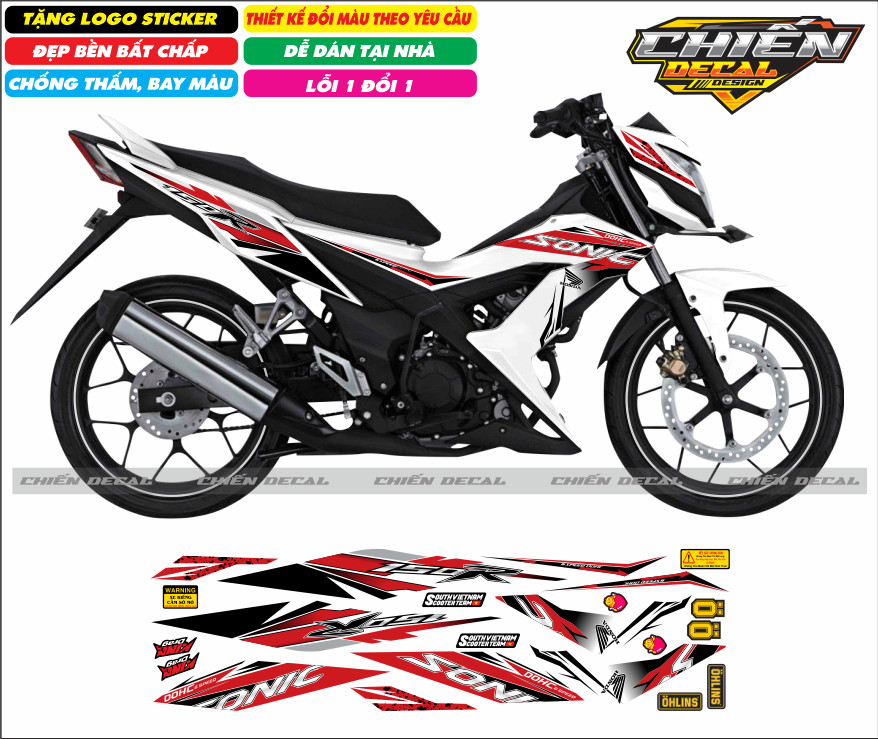 Tem rời xe sonic 150 màu trắng nhiều kiểu lựa chọn (tem 3 lớp cao cấp)