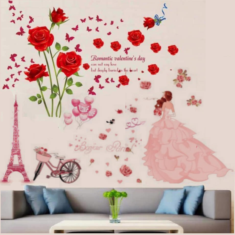 Decal dán tường hoa hồng nhung đỏ và cô dâu