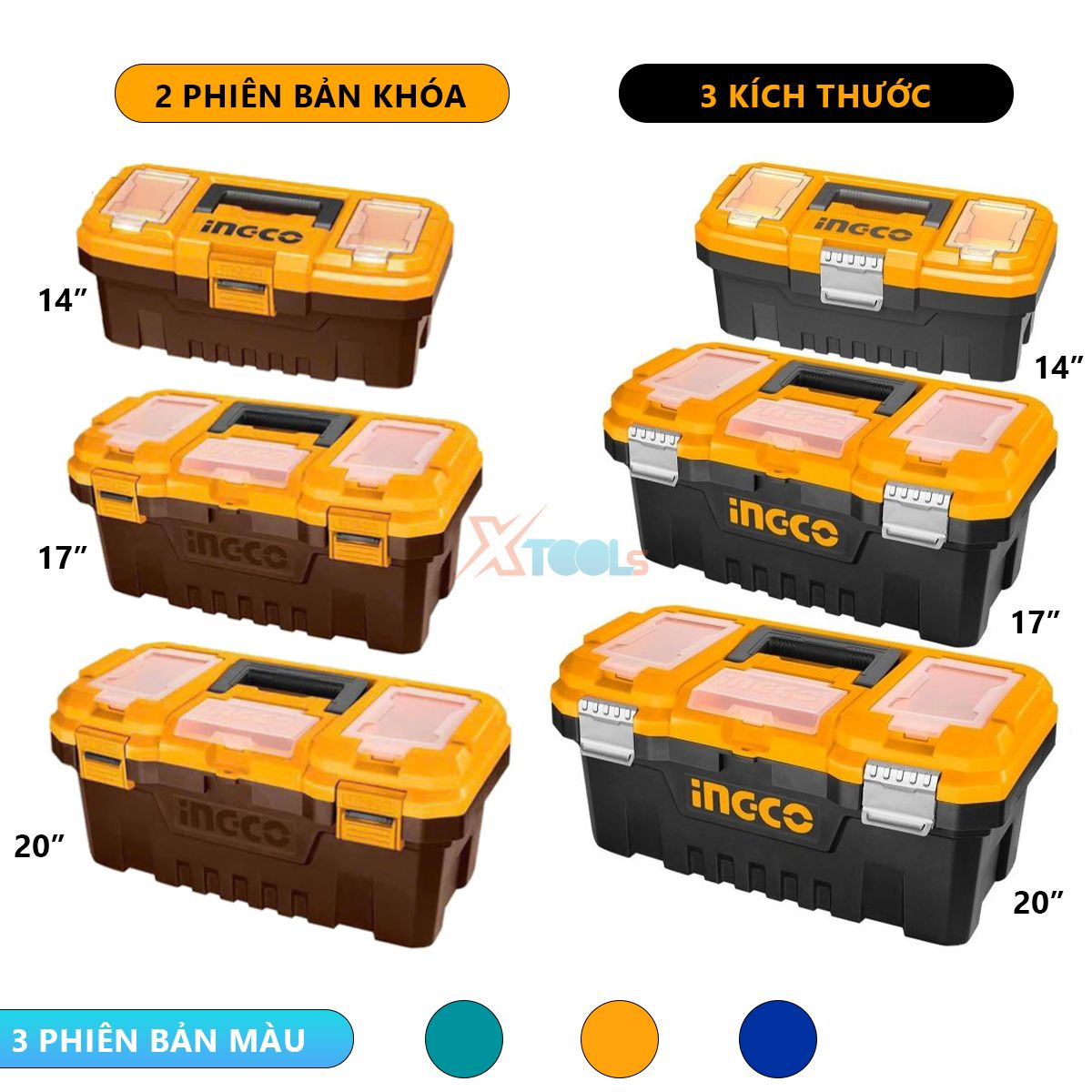 Thùng đựng đồ nghề đa năng INGCO 14-17-20 inch | hộp đồ nghề/dụng cụ 5 ngăn nhựa PP chịu lực cao, chống va đập, khóa kim loại hoặc khóa sắt