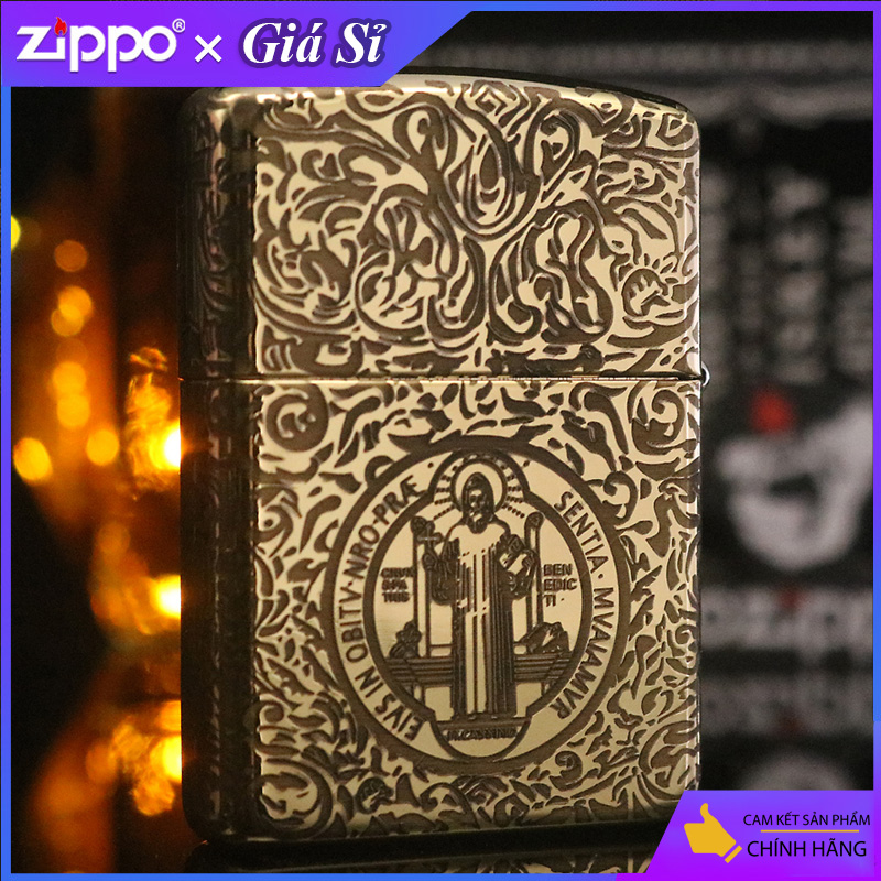 Bật lửa Zippo khắc cha thánh Constantine bản Armor màu đồng bóng
