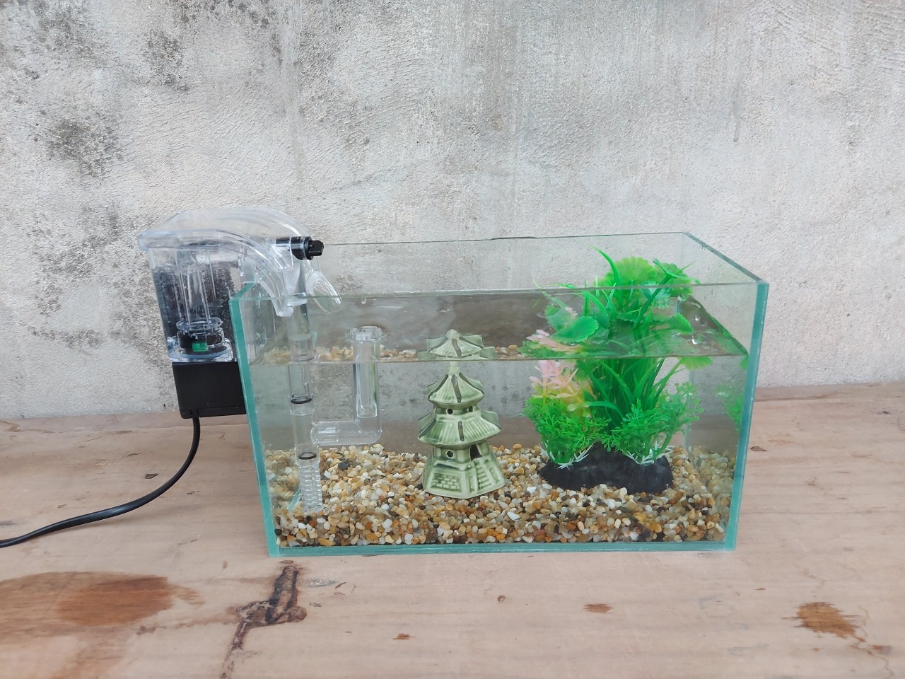 Bể cá mini 24 cm với 5 món (bể 24, sỏi nền, máy lọc, cây nhựa vừa, pk nhỏ)