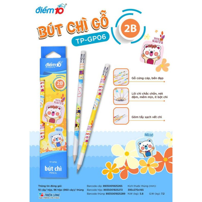 [HCM]Bút chì gỗ điểm 10 tp-gp06 (hộp 10 cây) - độ cứng 2b đa dạng mẫu mã chất lượng sản phẩm đảm bảo và cam kết hàng đúng như mô tả