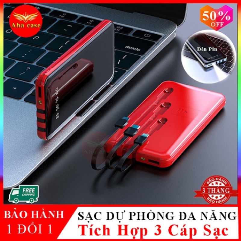 Giá Sạc Dự Phòng Đa Năng Tích Hợp 3 Cáp Sạc Micro, Lingtning, TypeC, Màn hình Đèn LED, Dung Lượng 10.000 mAh, sạt dự phòng, pin sạc dự phòng mini, sạc dự phòng không dây, cục sạc dự phòng, Aha Case