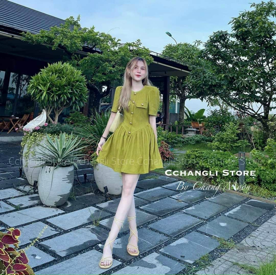 Đầm Dáng Xòe Chất Thun Gân Nút Đóng