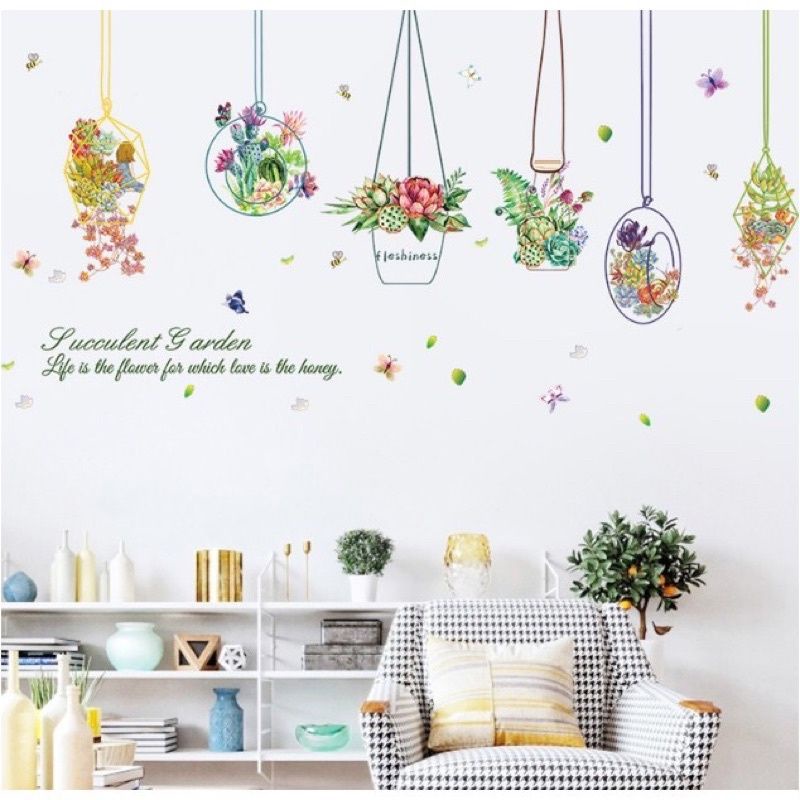 decal dán tường giỏ hoa, sẵn keo
