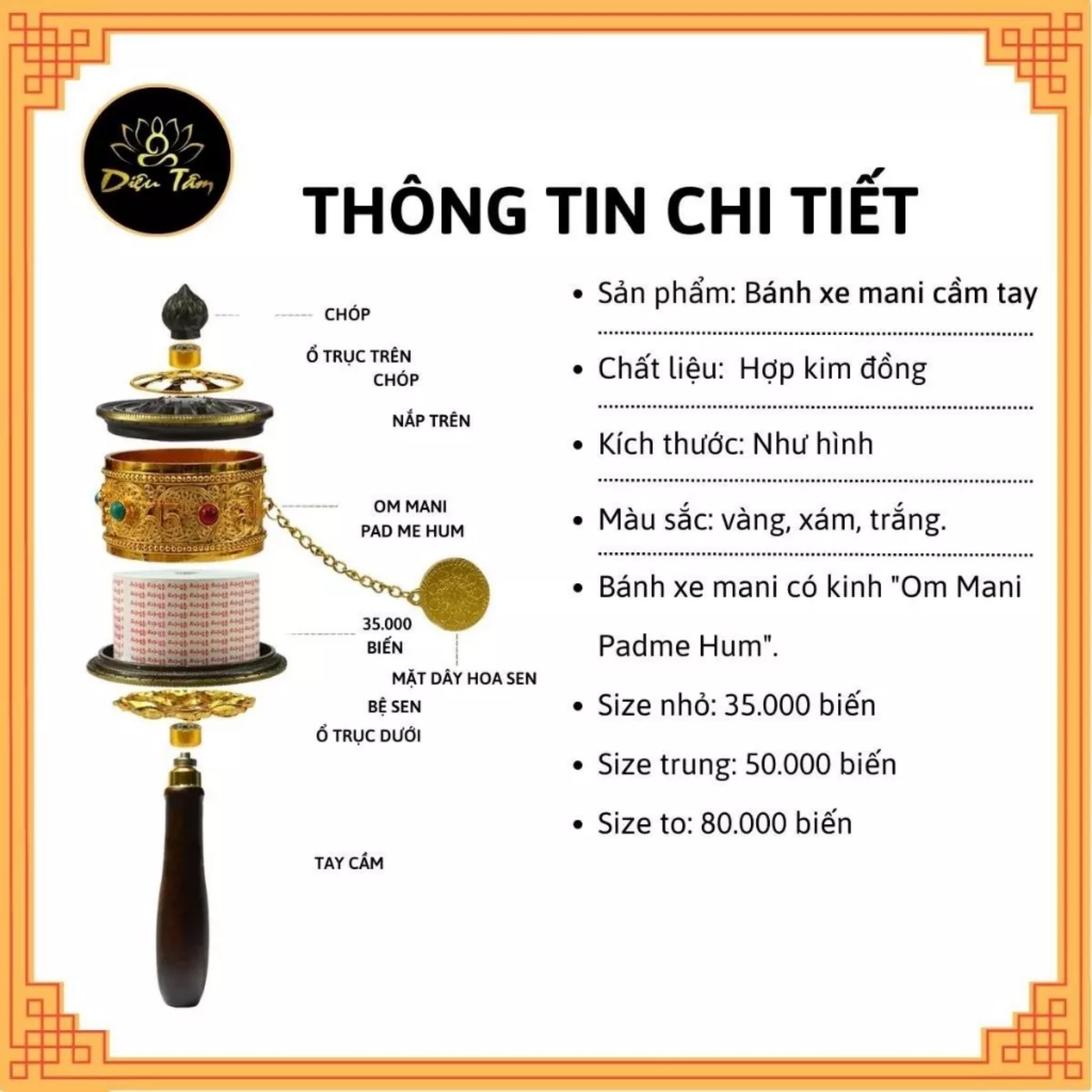 Kinh Luân cầm tay Om Mani Padme Hum - Bánh xe Mani Kinh Luân Tây Tạng cầu bình an, tài lộc pháp khí mật tông