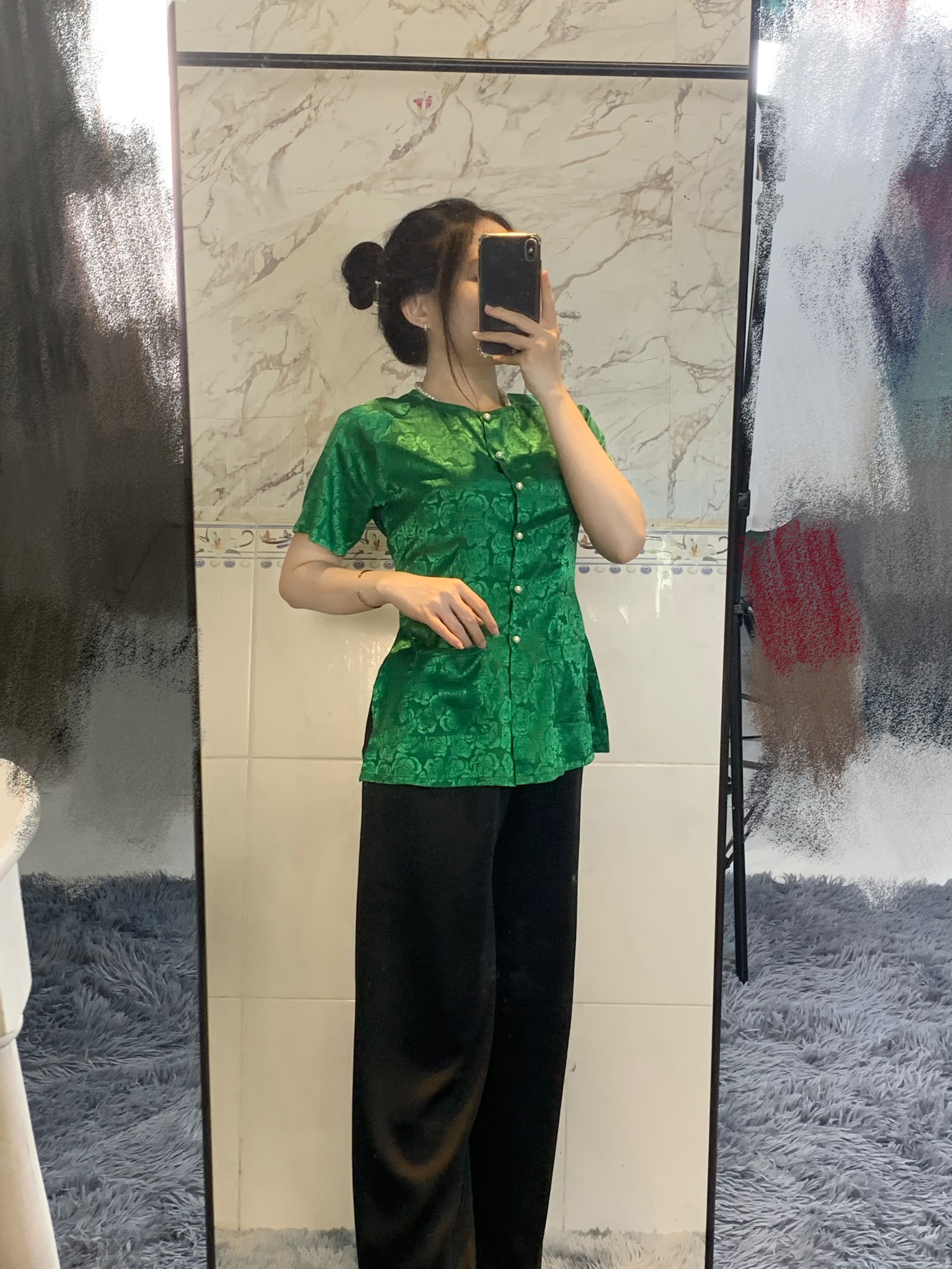 SÉT BÀ BA TAY NGẮN GẤM HOA CÓ TÚI