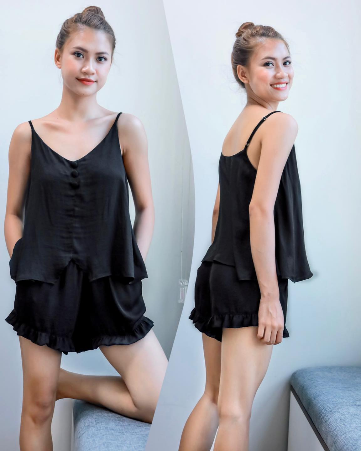 Bộ đồ mặc nhà quần đùi 2 dây lụa 3 nút Infashion