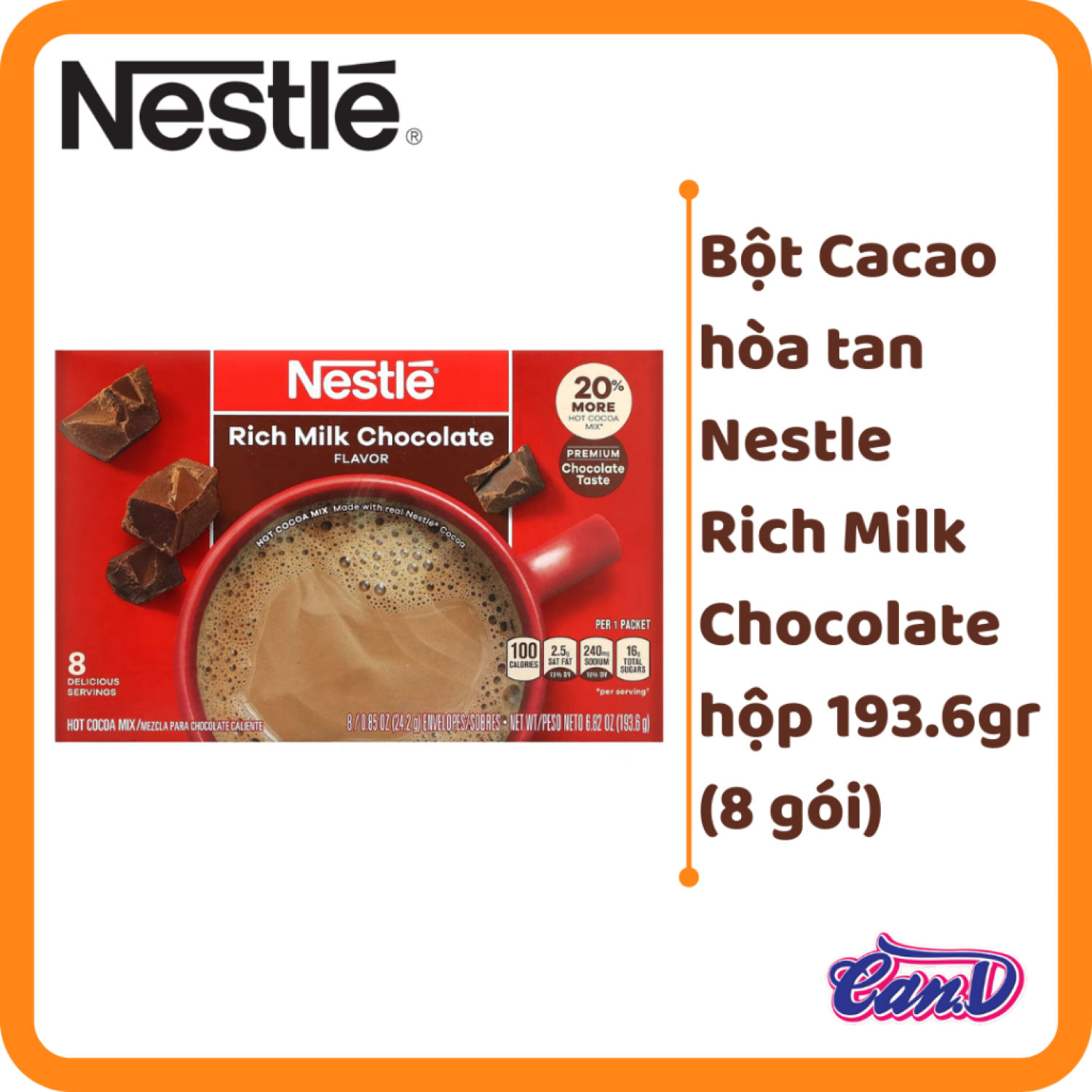 Bột Cacao hòa tan Nestle Rich Milk Chocolate hộp 193.6gr 8 gói