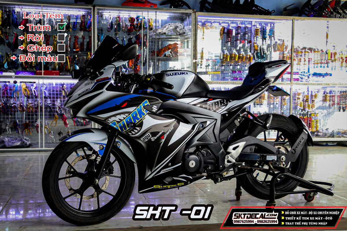 tem trùm xe gsx đen trắng cá mập