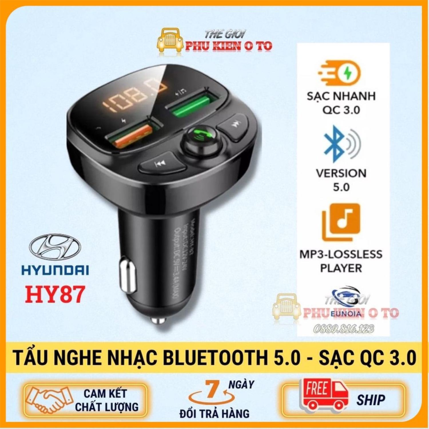 Tẩu Nghe Nhạc Bluetooth Kiêm Sạc Nhanh Hyundai HY-87 Sạc Pin, Nghe Điện Thoại Rãnh Tay